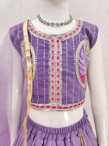 Designer Lavender Kids Georgette Lehenga with Heavy Embroidery and Sequins Work Girls Wear