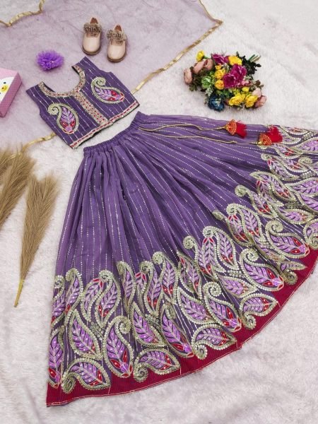 Designer Lavender Kids Georgette Lehenga with Heavy Embroidery and Sequins Work Girls Wear