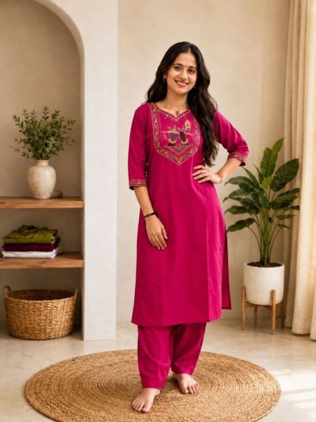 Designer Lightweight Pink Cotton Kurti Pant Set with Elegant Embroidery Work for Office Wear  Kurtis