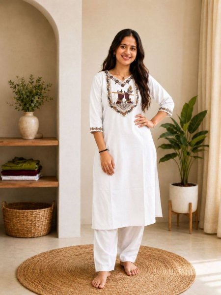 Designer Lightweight Pink Cotton Kurti Pant Set with Elegant Embroidery Work for Office Wear  Kurtis