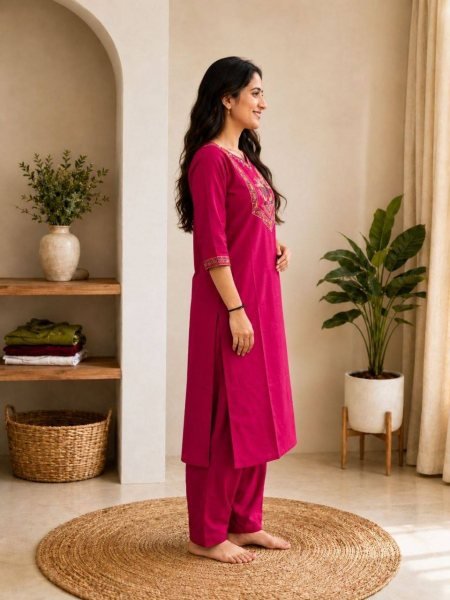 Designer Lightweight Pink Cotton Kurti Pant Set with Elegant Embroidery Work for Office Wear  Embroidery Kurtis 