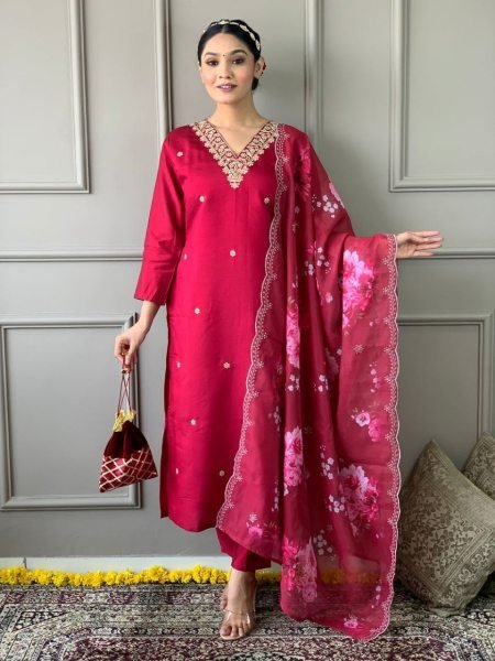 Designer Lightweight Vichitra Silk Kurti Set with Embroidery Work And Chanderi Flower Print dupatta  Embroidery Kurtis 