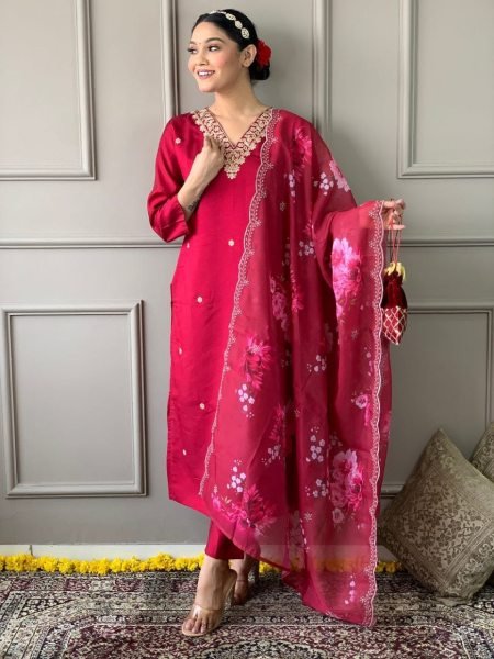 Designer Lightweight Vichitra Silk Kurti Set with Embroidery Work And Chanderi Flower Print dupatta  Embroidery Kurtis 