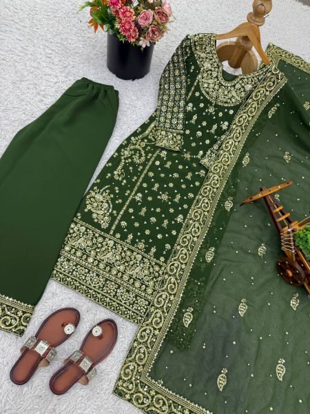 Designer Long Heavy Faux Georgette 5mm Sequence Embroidered Top   Pant Set with Dupatta for Wedding Events Embroidery Kurtis 
