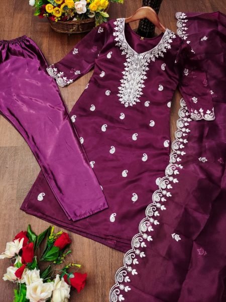 Designer Looking Fancy Purple Colour Suit Set With Dupatta  3 Piece Kurti Set