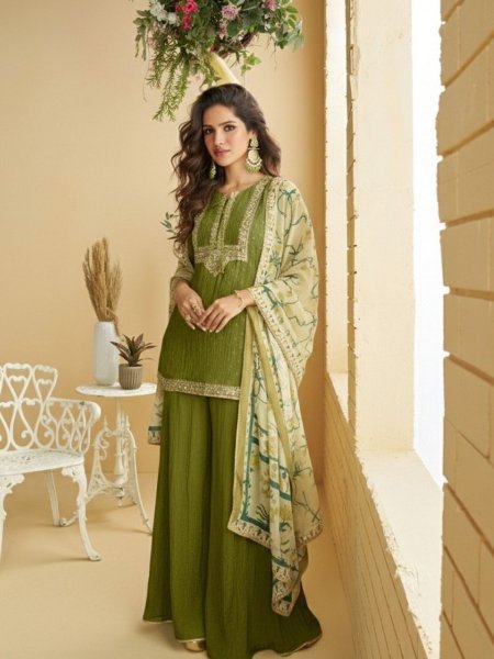 Designer Mahendi Green Crush Chinon Silk Kurta Set with Chinon Silk Palazzo Salwar Kameez