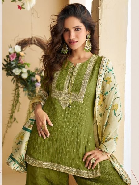 Designer Mahendi Green Crush Chinon Silk Kurta Set with Chinon Silk Palazzo Designer Plazzo Salwar Suits Wholesale