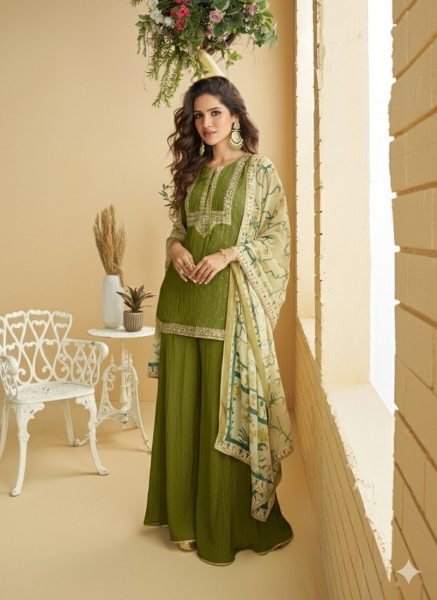 Designer Mahendi Green Crush Chinon Silk Kurta Set with Chinon Silk Palazzo Designer Plazzo Salwar Suits Wholesale