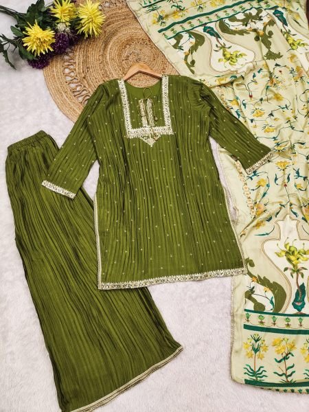 Designer Mahendi Green Crush Chinon Silk Kurta Set with Chinon Silk Palazzo Designer Plazzo Salwar Suits Wholesale