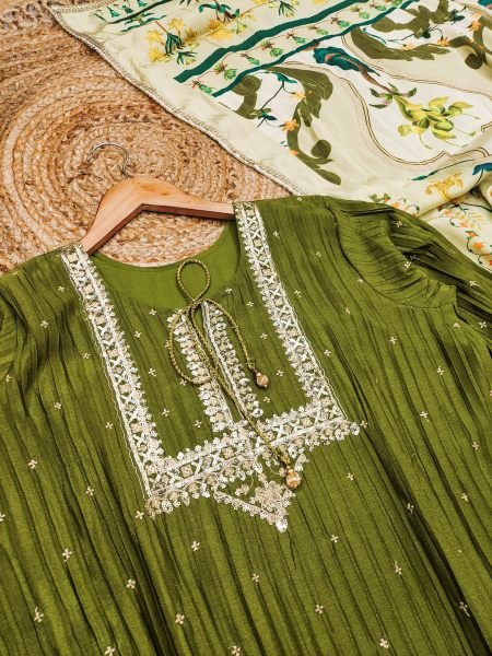 Designer Mahendi Green Crush Chinon Silk Kurta Set with Chinon Silk Palazzo Designer Plazzo Salwar Suits Wholesale