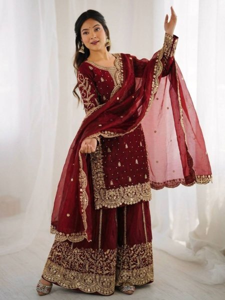 Designer Maroon Embroidered Silk Suit Set with Dupatta for Women Ready To Wear Suit