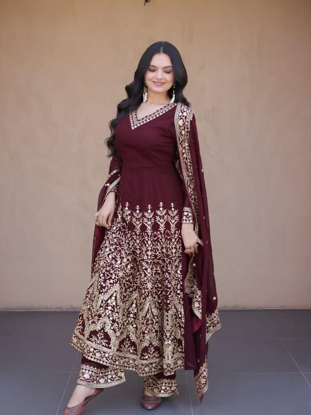 Designer Maroon Full Sleeve Faux Blooming Gown Set with Embroidered Pant and Dupatta Ready To Wear Suit