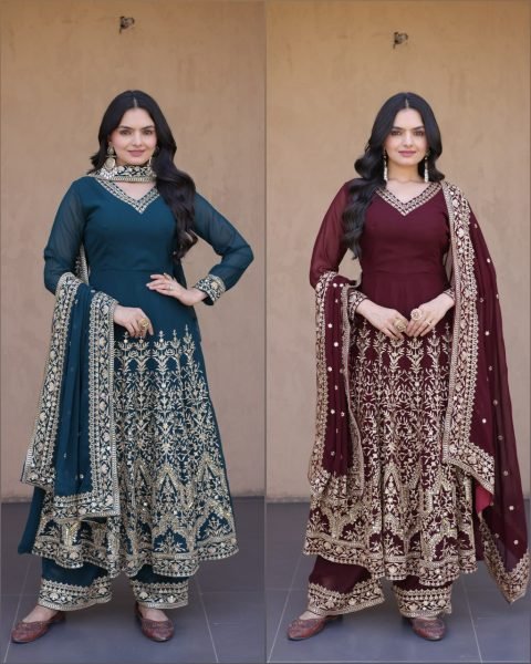 Designer Maroon Full Sleeve Faux Blooming Gown Set with Embroidered Pant and Dupatta Ready To Wear Collection