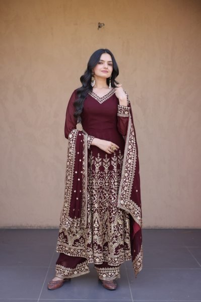 Designer Maroon Full Sleeve Faux Blooming Gown Set with Embroidered Pant and Dupatta Ready To Wear Collection