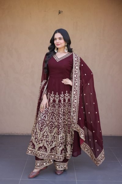 Designer Maroon Full Sleeve Faux Blooming Gown Set with Embroidered Pant and Dupatta Ready To Wear Collection