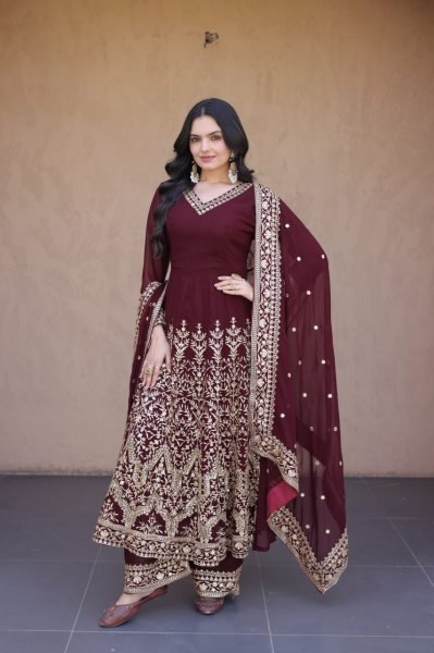 Designer Maroon Full Sleeve Faux Blooming Gown Set with Embroidered Pant and Dupatta Ready To Wear Collection