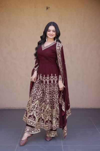 Designer Maroon Full Sleeve Faux Blooming Gown Set with Embroidered Pant and Dupatta Ready To Wear Collection