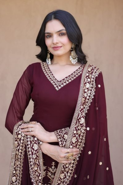 Designer Maroon Full Sleeve Faux Blooming Gown Set with Embroidered Pant and Dupatta Ready To Wear Collection