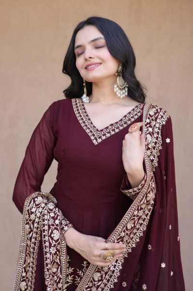Designer Maroon Full Sleeve Faux Blooming Gown Set with Embroidered Pant and Dupatta Ready To Wear Collection