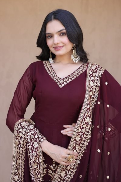 Designer Maroon Full Sleeve Faux Blooming Gown Set with Embroidered Pant and Dupatta Ready To Wear Collection