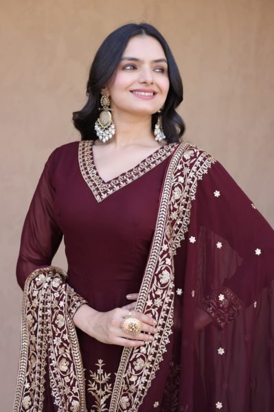 Designer Maroon Full Sleeve Faux Blooming Gown Set with Embroidered Pant and Dupatta Ready To Wear Collection