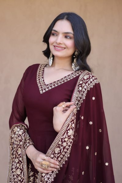 Designer Maroon Full Sleeve Faux Blooming Gown Set with Embroidered Pant and Dupatta Ready To Wear Collection