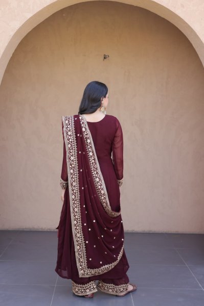 Designer Maroon Full Sleeve Faux Blooming Gown Set with Embroidered Pant and Dupatta Ready To Wear Collection