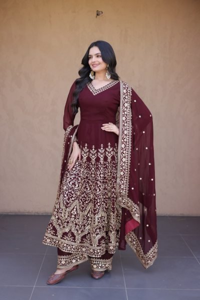 Designer Maroon Full Sleeve Faux Blooming Gown Set with Embroidered Pant and Dupatta Ready To Wear Collection