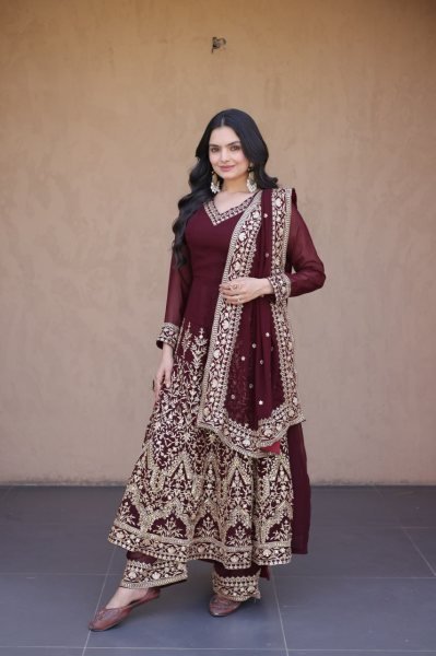 Designer Maroon Full Sleeve Faux Blooming Gown Set with Embroidered Pant and Dupatta Ready To Wear Collection