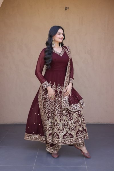 Designer Maroon Full Sleeve Faux Blooming Gown Set with Embroidered Pant and Dupatta Ready To Wear Collection