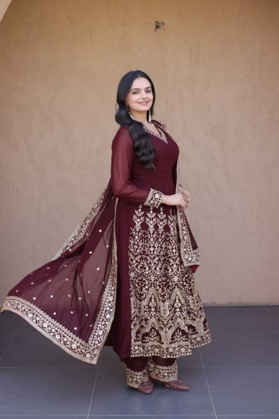 Designer Maroon Full Sleeve Faux Blooming Gown Set with Embroidered Pant and Dupatta Ready To Wear Collection