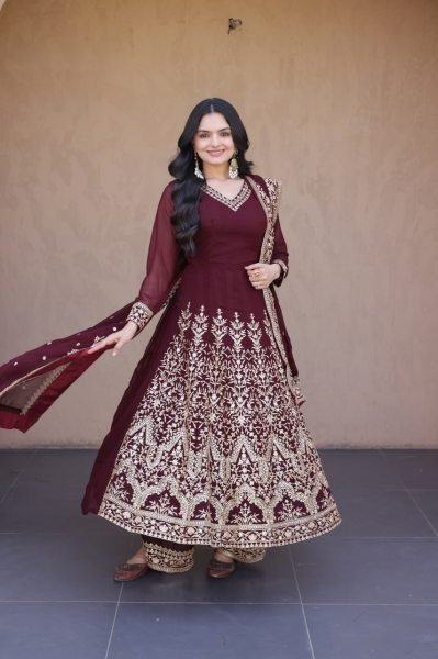 Designer Maroon Full Sleeve Faux Blooming Gown Set with Embroidered Pant and Dupatta Ready To Wear Collection