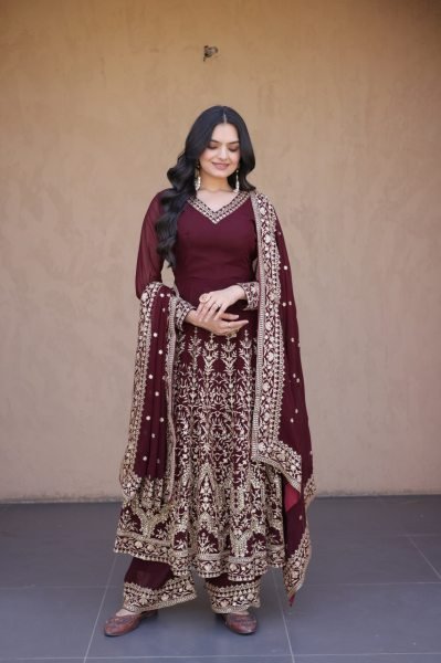 Designer Maroon Full Sleeve Faux Blooming Gown Set with Embroidered Pant and Dupatta Ready To Wear Collection