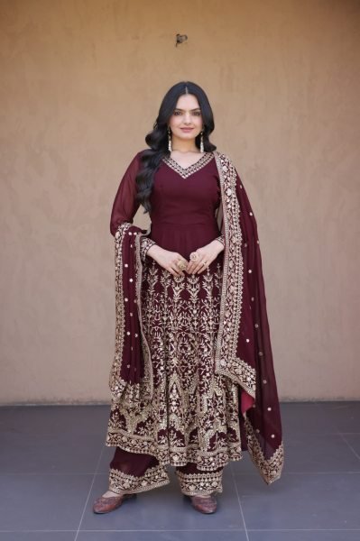 Designer Maroon Full Sleeve Faux Blooming Gown Set with Embroidered Pant and Dupatta Ready To Wear Collection
