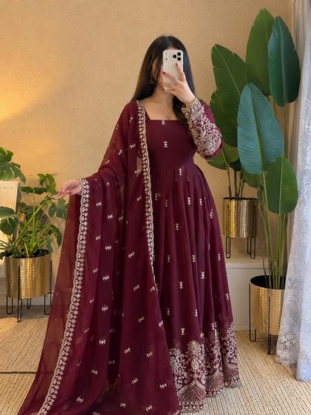 Designer Maroon Gown with Sequin Embroidery and Fendy Silk Dupatta at Manufacturer  Ready To Wear Suit