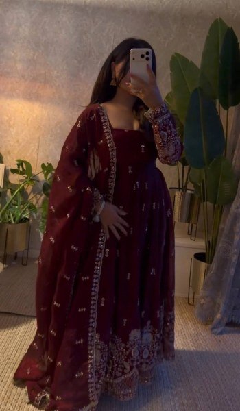 Designer Maroon Gown with Sequin Embroidery and Fendy Silk Dupatta at Manufacturer  Ready To Wear Collection