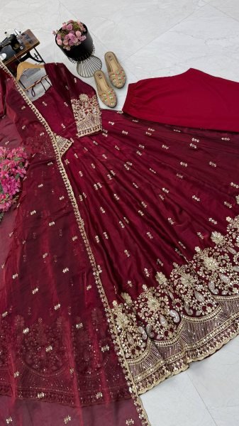 Designer Maroon Gown with Sequin Embroidery and Fendy Silk Dupatta at Manufacturer  Ready To Wear Collection