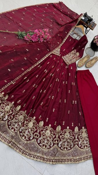 Designer Maroon Gown with Sequin Embroidery and Fendy Silk Dupatta at Manufacturer  Ready To Wear Collection