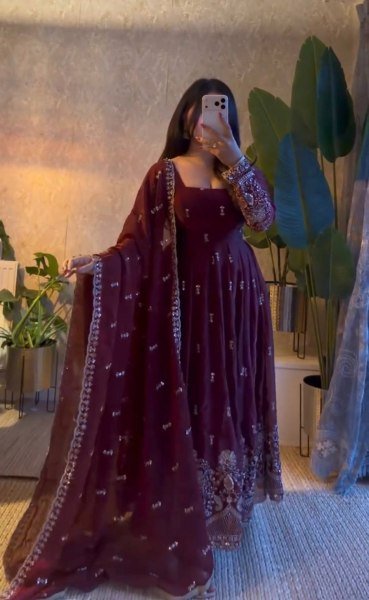 Designer Maroon Gown with Sequin Embroidery and Fendy Silk Dupatta at Manufacturer  Ready To Wear Collection