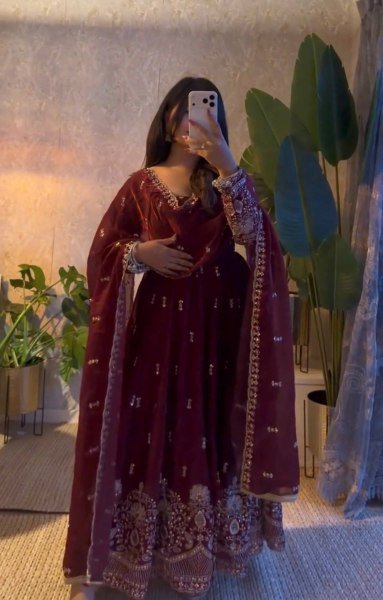 Designer Maroon Gown with Sequin Embroidery and Fendy Silk Dupatta at Manufacturer  Ready To Wear Collection