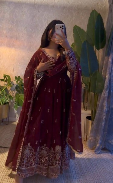 Designer Maroon Gown with Sequin Embroidery and Fendy Silk Dupatta at Manufacturer  Ready To Wear Collection