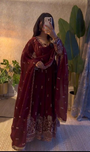 Designer Maroon Gown with Sequin Embroidery and Fendy Silk Dupatta at Manufacturer  Ready To Wear Collection