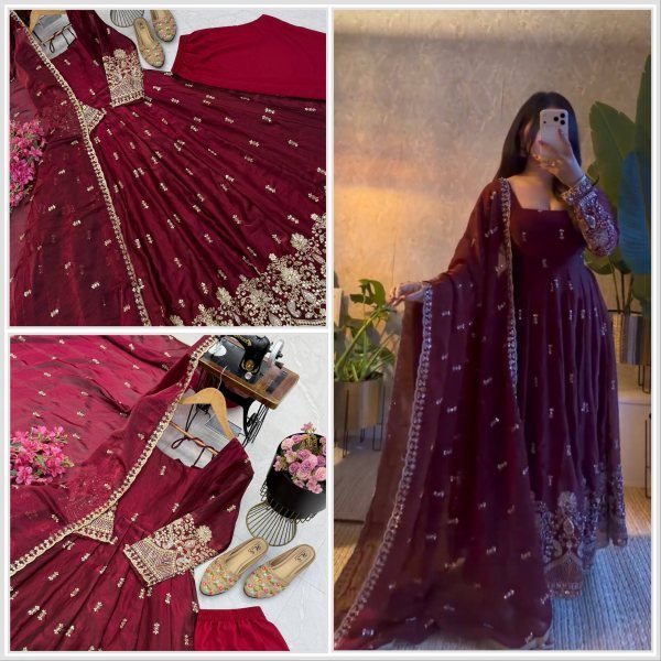 Designer Maroon Gown with Sequin Embroidery and Fendy Silk Dupatta at Manufacturer  Ready To Wear Collection