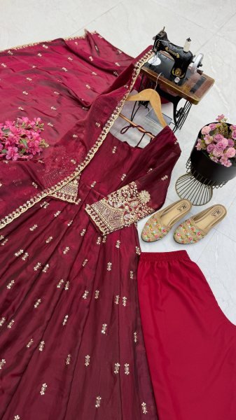 Designer Maroon Gown with Sequin Embroidery and Fendy Silk Dupatta at Manufacturer  Ready To Wear Collection