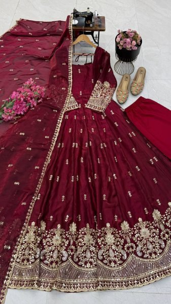 Designer Maroon Gown with Sequin Embroidery and Fendy Silk Dupatta at Manufacturer  Ready To Wear Collection