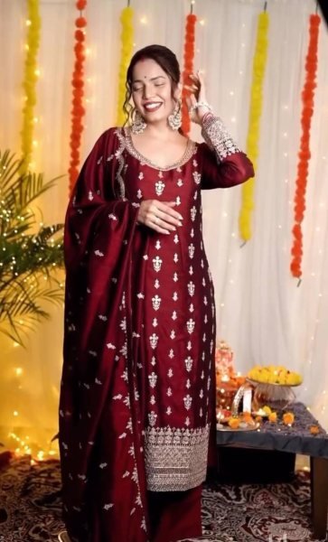 Designer Maroon Party Wear Straight Suit with Rangoli Silk Fabric   Embroidery Sequins Work Ready To Wear  Straight Cut Long Kurtis