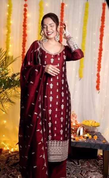 Designer Maroon Party Wear Straight Suit with Rangoli Silk Fabric   Embroidery Sequins Work Ready To Wear  Straight Cut Long Kurtis