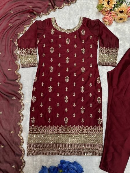 Designer Maroon Party Wear Straight Suit with Rangoli Silk Fabric   Embroidery Sequins Work Ready To Wear  Straight Cut Long Kurtis