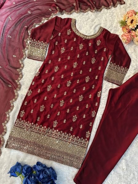 Designer Maroon Party Wear Straight Suit with Rangoli Silk Fabric   Embroidery Sequins Work Ready To Wear  Straight Cut Long Kurtis