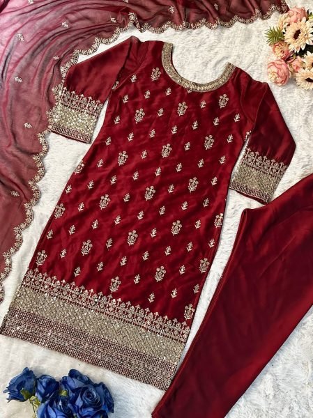Designer Maroon Party Wear Straight Suit with Rangoli Silk Fabric   Embroidery Sequins Work Ready To Wear  Straight Cut Long Kurtis